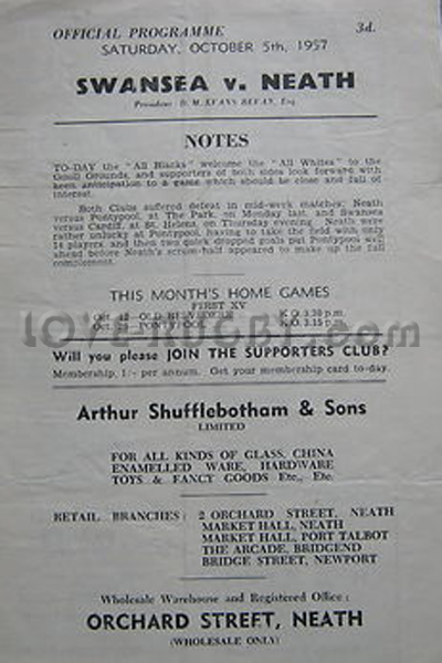 1957 Neath v Swansea  Rugby Programme