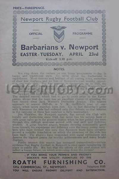 1946 Newport v Barbarians  Rugby Programme