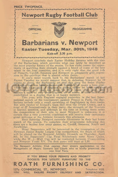 1948 Newport v Barbarians  Rugby Programme