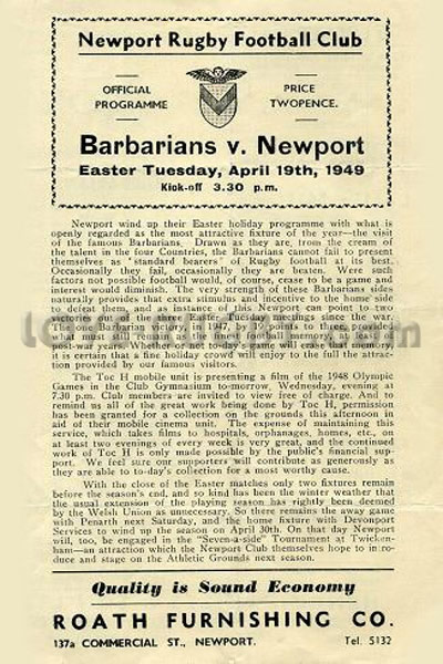 1949 Newport v Barbarians  Rugby Programme