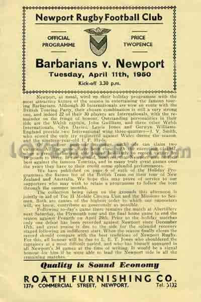 1950 Newport v Barbarians  Rugby Programme