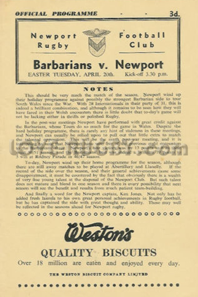 1955 Newport v Barbarians  Rugby Programme
