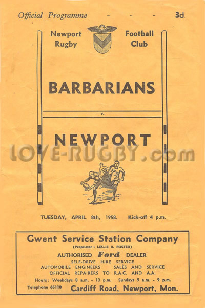 1958 Newport v Barbarians  Rugby Programme