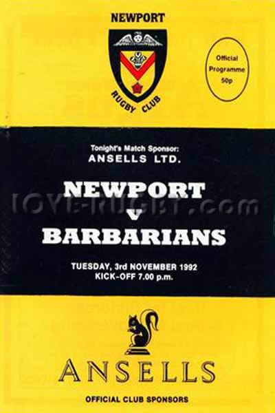 1992 Newport v Barbarians  Rugby Programme