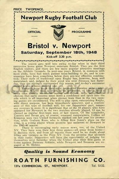 1948 Newport v Bristol  Rugby Programme