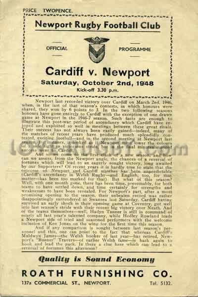 1948 Newport v Cardiff  Rugby Programme
