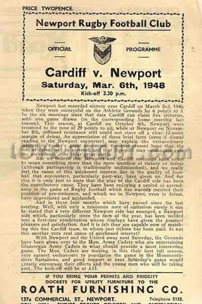 1948 Newport v Cardiff  Rugby Programme