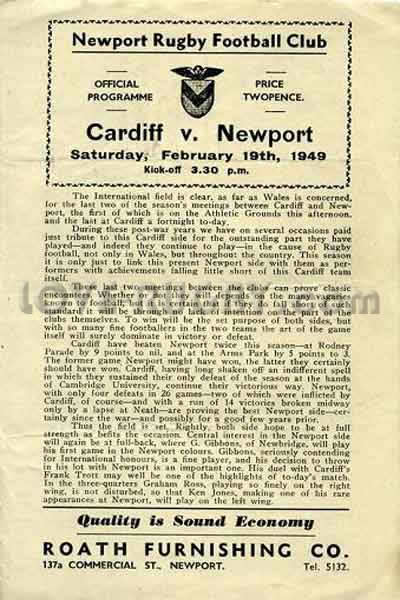 1949 Newport v Cardiff  Rugby Programme