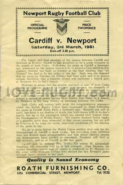 1951 Newport v Cardiff  Rugby Programme