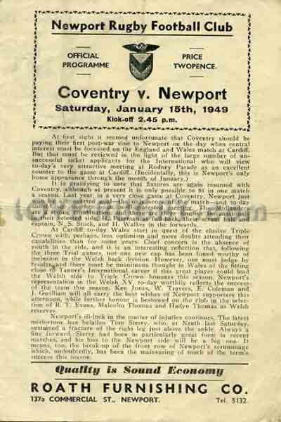 1949 Newport v Coventry  Rugby Programme