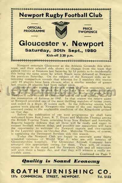 1950 Newport v Gloucester  Rugby Programme