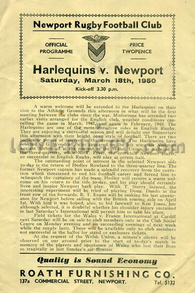 1950 Newport v Harlequins  Rugby Programme