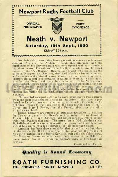 1950 Newport v Neath  Rugby Programme