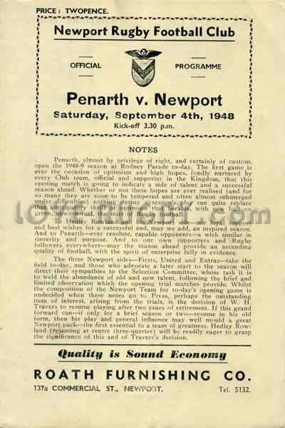 1948 Newport v Penarth  Rugby Programme