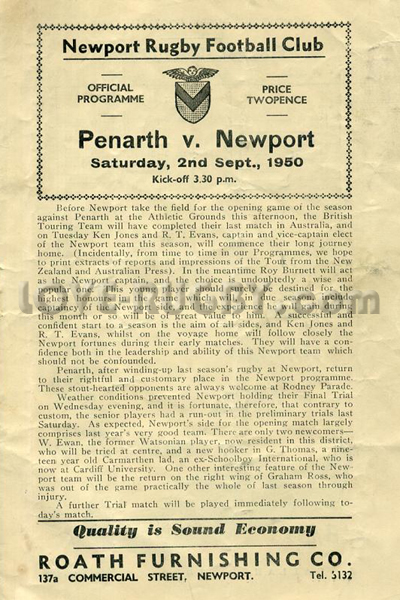 1950 Newport v Penarth  Rugby Programme