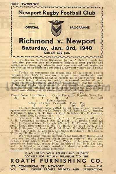 1948 Newport v Richmond  Rugby Programme
