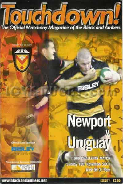 2001 Newport v Uruguay  Rugby Programme