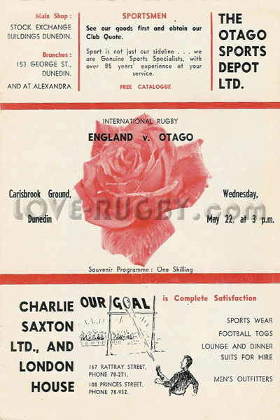 1963 Otago v England  Rugby Programme