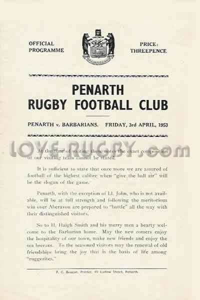 1953 Penarth v Barbarians  Rugby Programme