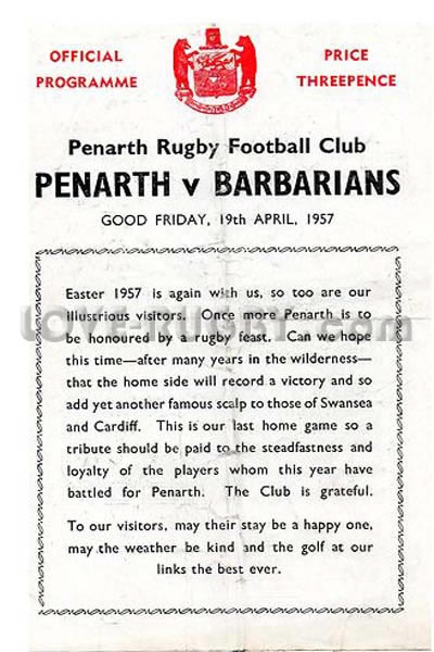 1957 Penarth v Barbarians  Rugby Programme