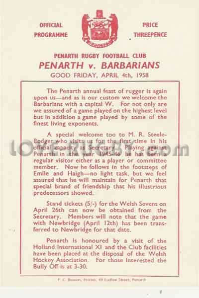 1958 Penarth v Barbarians  Rugby Programme