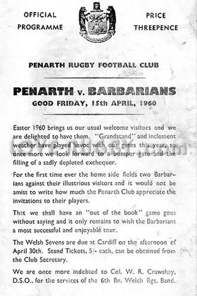 1960 Penarth v Barbarians  Rugby Programme