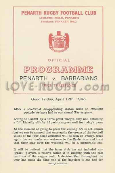 1963 Penarth v Barbarians  Rugby Programme