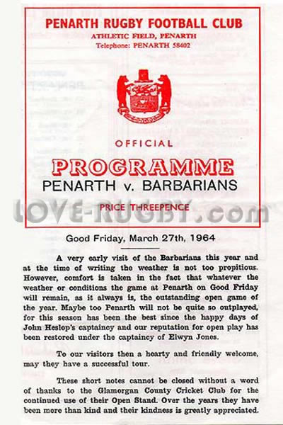 1964 Penarth v Barbarians  Rugby Programme