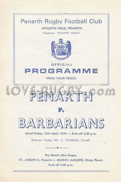 1974 Penarth v Barbarians  Rugby Programme