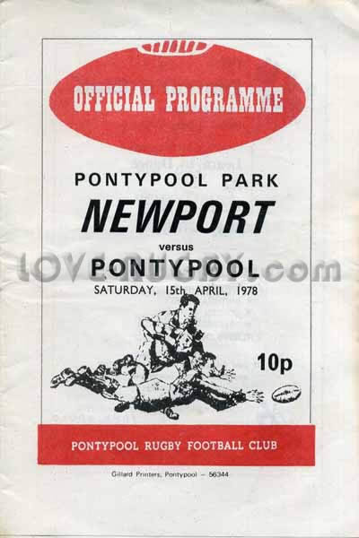 1978 Pontypool v Newport  Rugby Programme