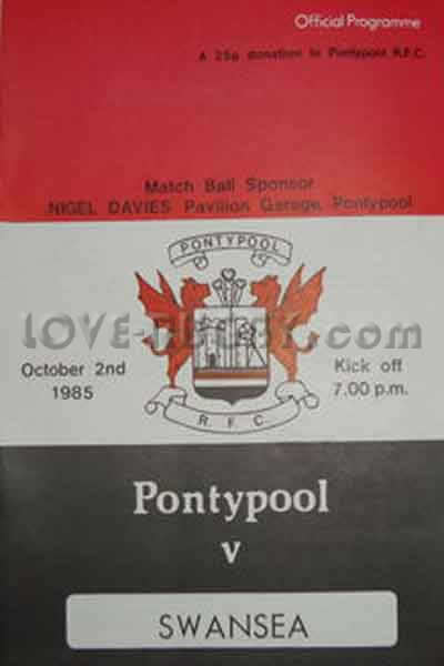 1985 Pontypool v Swansea  Rugby Programme