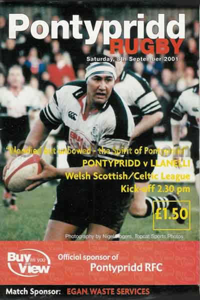 2001 Pontypridd v Llanelli  Rugby Programme