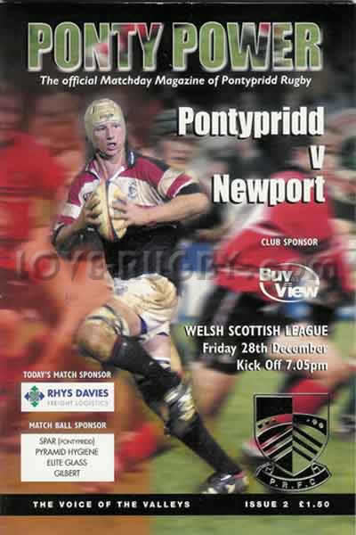 2001 Pontypridd v Newport  Rugby Programme