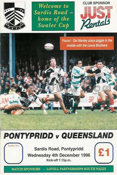 1996 Pontypridd v Queensland  Rugby Programme