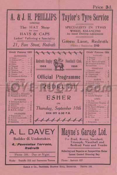 1953 Redruth v Esher  Rugby Programme