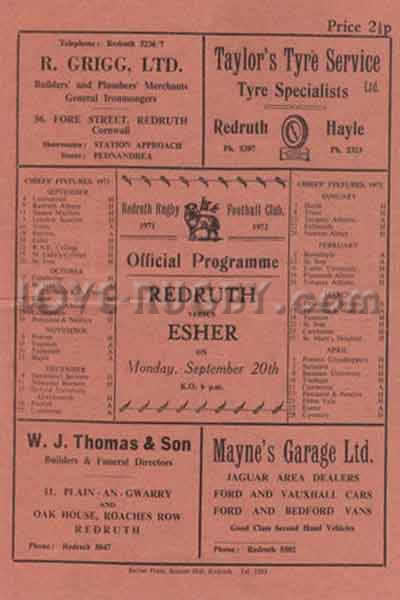 1971 Redruth v Esher  Rugby Programme