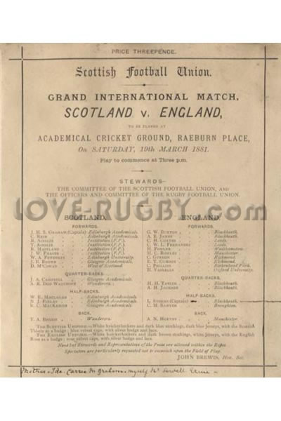 1881 Scotland v England  Rugby Programme
