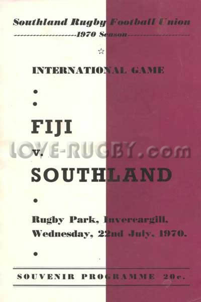 1970 Southland v Fiji  Rugby Programme