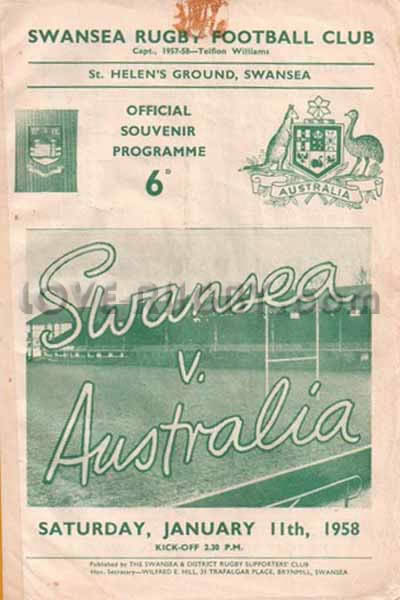 1958 Swansea v Australia  Rugby Programme