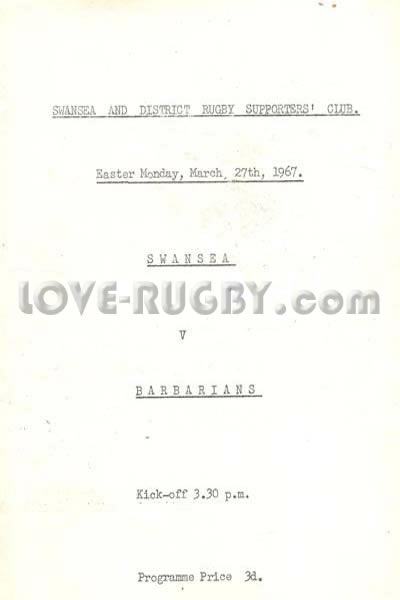 1967 Swansea v Barbarians  Rugby Programme