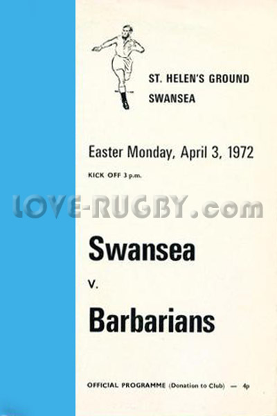 1972 Swansea v Barbarians  Rugby Programme
