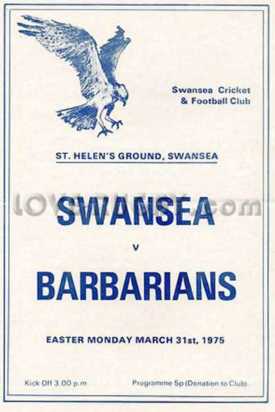 1975 Swansea v Barbarians  Rugby Programme