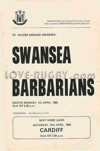 1980 Swansea v Barbarians  Rugby Programme