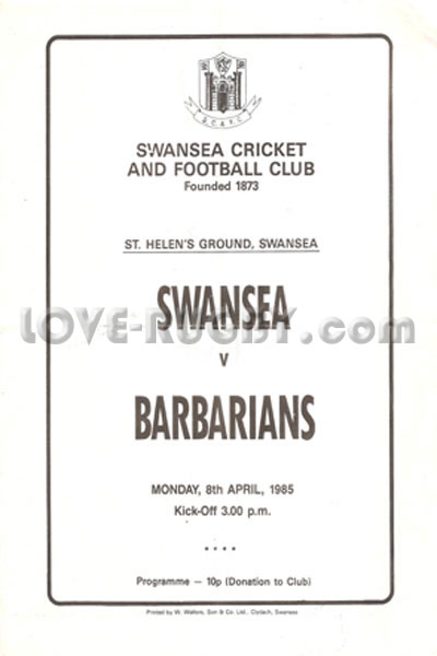 1985 Swansea v Barbarians  Rugby Programme