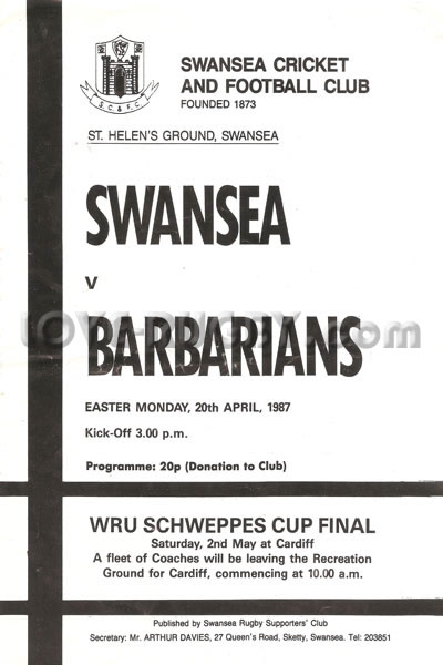 1987 Swansea v Barbarians  Rugby Programme