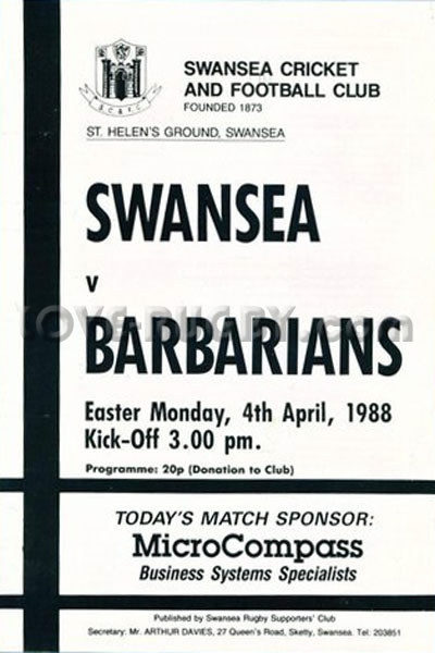 1988 Swansea v Barbarians  Rugby Programme
