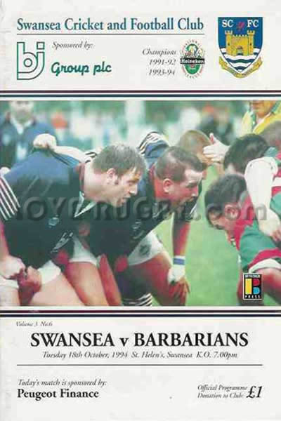 1994 Swansea v Barbarians  Rugby Programme