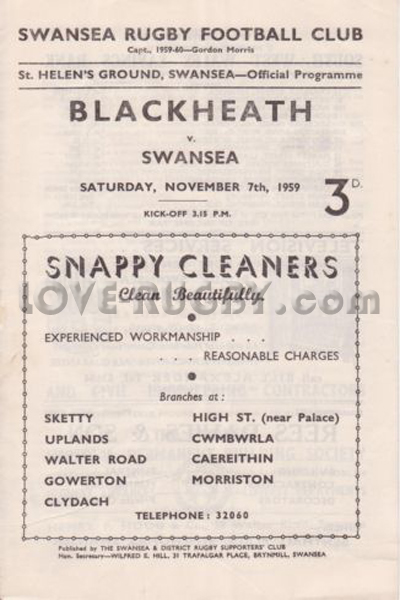1959 Swansea v Blackheath  Rugby Programme