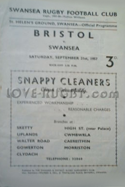 1957 Swansea v Bristol  Rugby Programme