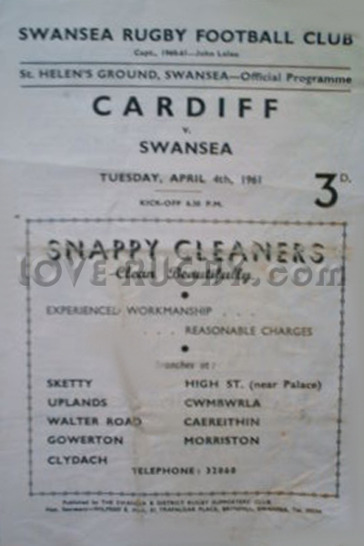 1961 Swansea v Cardiff  Rugby Programme